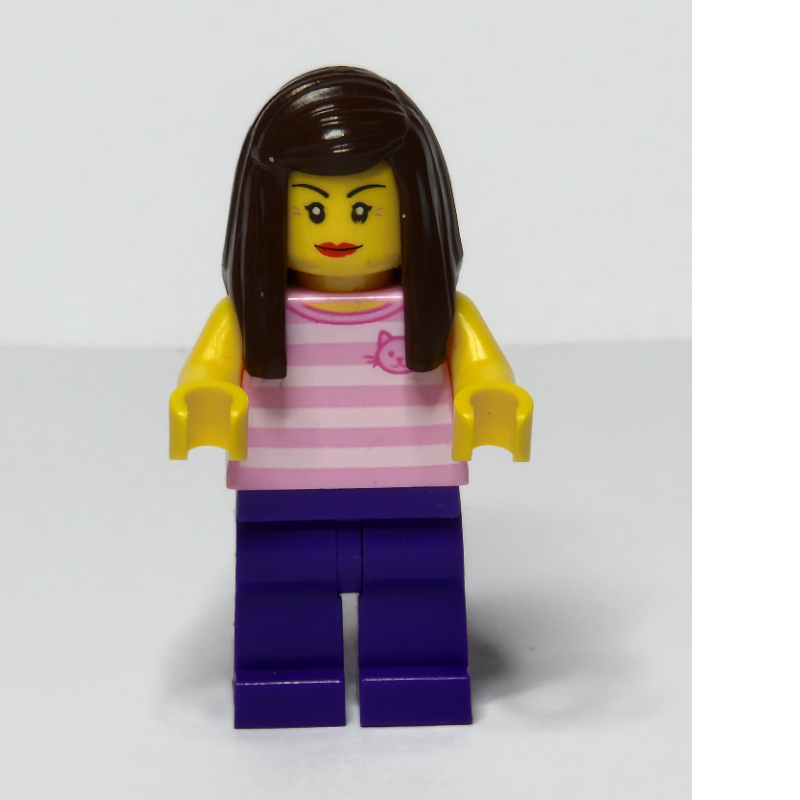 LEGO Woman, Pink Striped Tank Top with Cat Face, Dark Purple Legs (fig-007705)