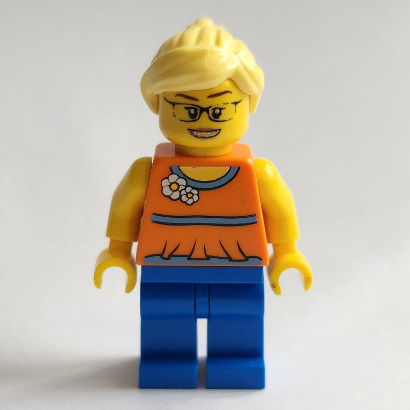 LEGO Woman, Orange Halter Top with Flowers, Blue Legs, Bright Light Yellow Hair, Glasses (fig-007707)