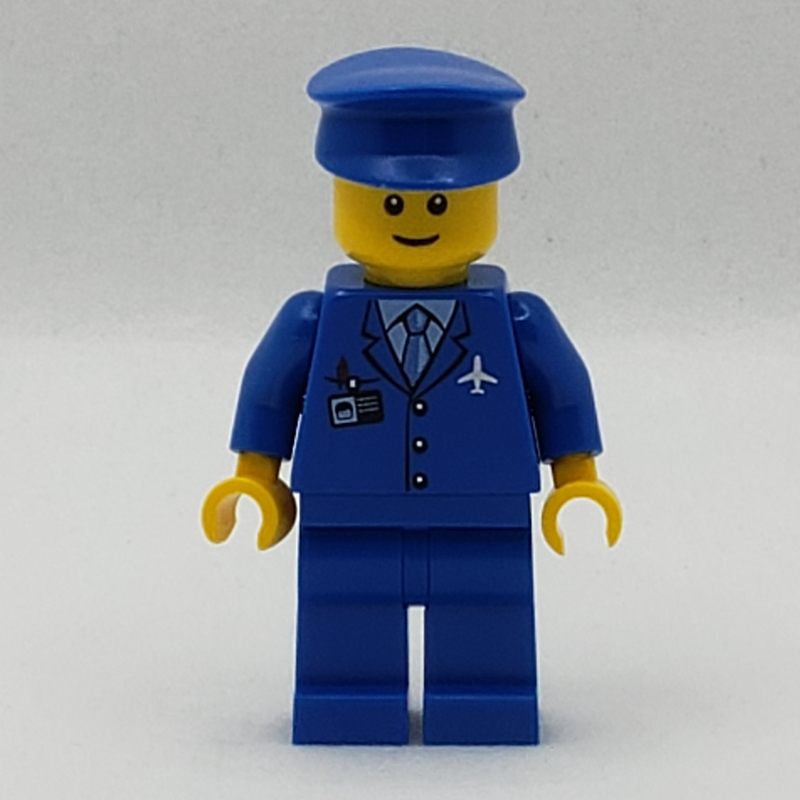 LEGO Pilot, Blue Jacket with Plane Logo and Blue Tie, Blue Legs, Blue Hat, Smile, Reddish Brown Eyebrows (fig-007712)