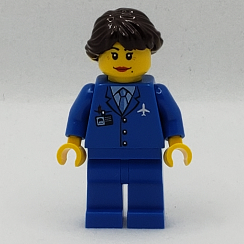 LEGO Pilot, Woman, Blue Jacket with Plane Logo and Blue Tie, Blue Legs, Dark Brown Hair (fig-007713)