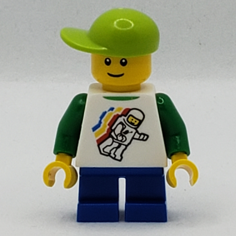 LEGO Boy, Floating Classic Spaceman on Shirt, Short Blue Legs, Lime Cap, Reddish Brown Eyebrows (fig-007714)