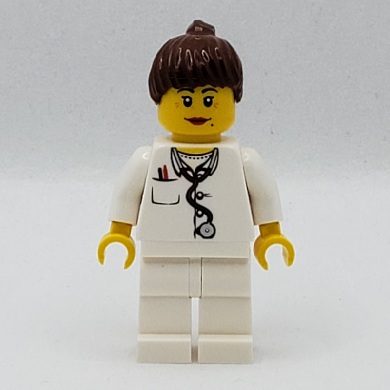 LEGO Doctor, Woman, White Torso with Stethoscope and Pocket, White Legs, Dark Brown Ponytail (fig-007716)