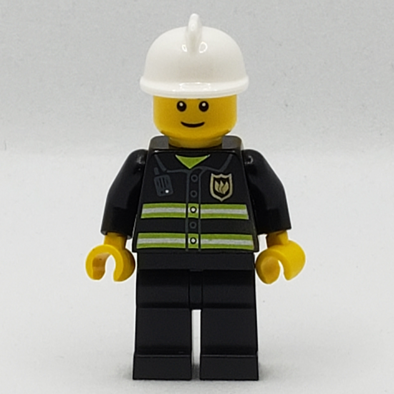 LEGO Fireman, Black Fire Jacket with Radio and Badge, White Helmet, Reddish Brown Eyebrows (3626b Head) (fig-007717)