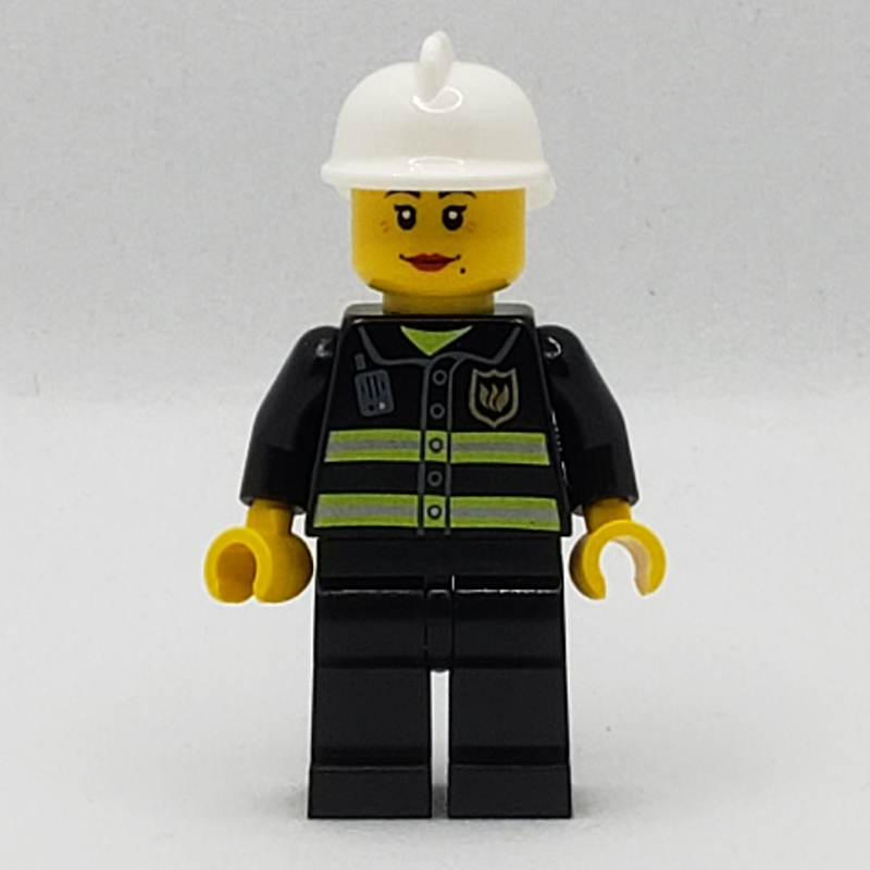 LEGO Firewoman, Black Fire Jacket with Radio and Badge, White Helmet (fig-007718)
