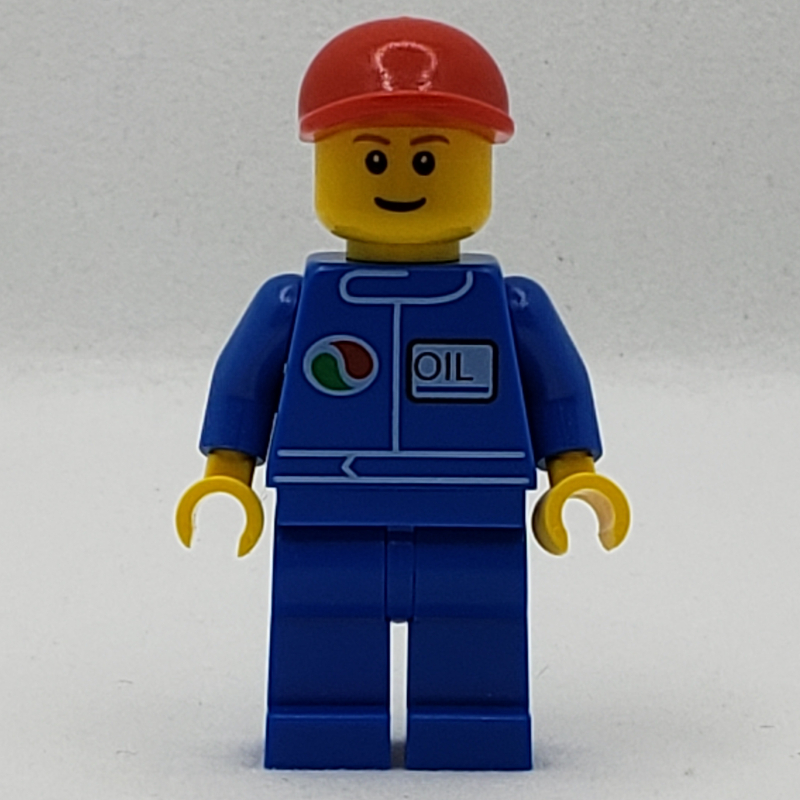 LEGO Mechanic, Blue Jumpsuit with Octan Logo, Red Cap, Smile, Reddish Brown Eyebrows (fig-007719)