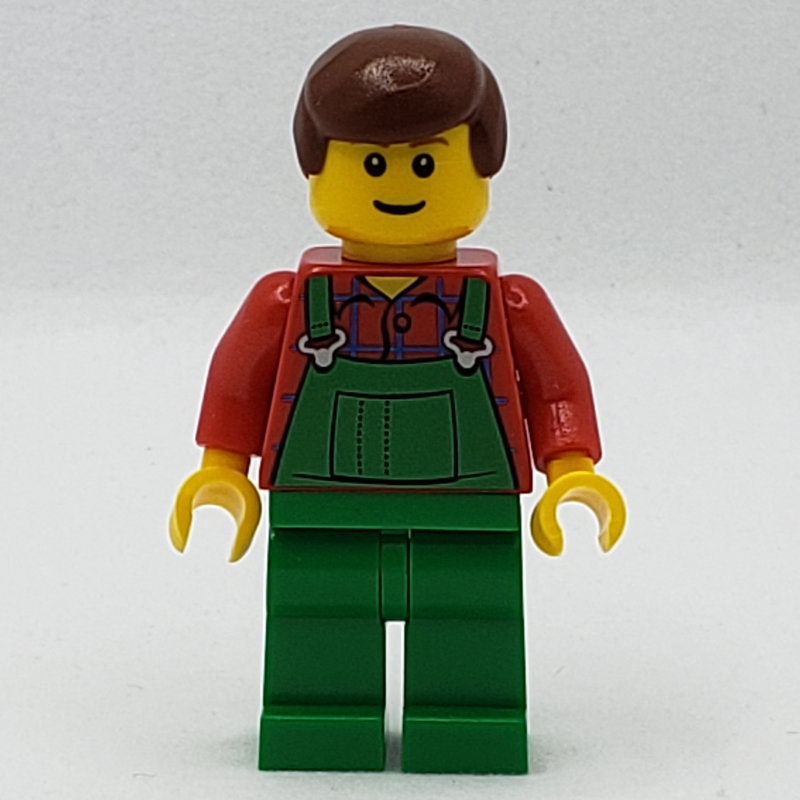 LEGO Man, Green Overalls over Red Shirt, Reddish Brown Hair, Reddish Brown Eyebrows (fig-007720)