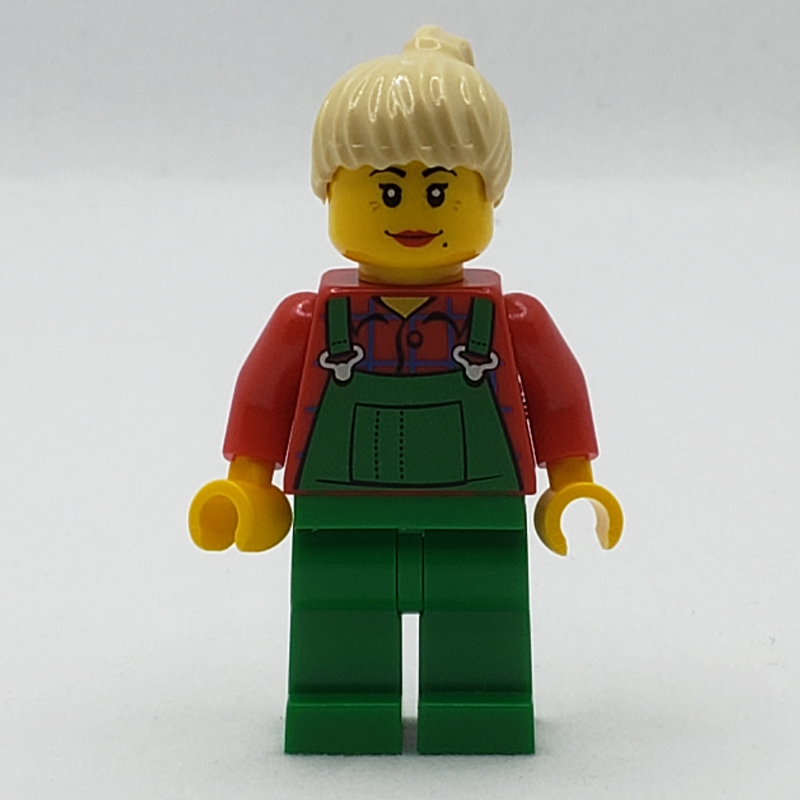 LEGO Woman, Green Overalls over Red Plaid Shirt, Tan Ponytail (fig-007721)