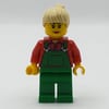 Woman, Green Overalls over Red Plaid Shirt, Tan Ponytail