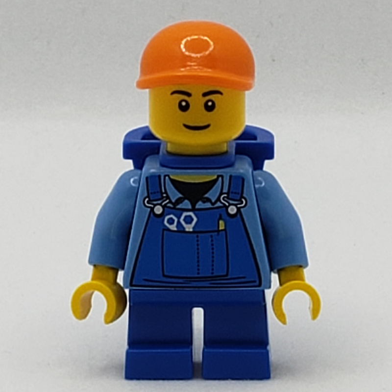 LEGO Boy, Blue Overalls, Short Blue Legs, Orange Cap, Reddish Brown Eyebrows (fig-007722)