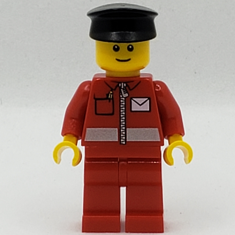 LEGO Postal Worker, Red Jacket with Zipper and Letter Logo, Red Legs, Black Cap, Reddish Brown Eyebrows (fig-007725)
