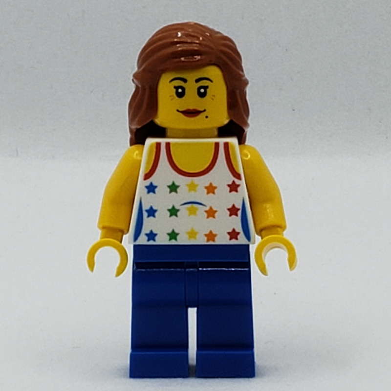 LEGO Woman, Tank Top with Rainbow Colored Stars, Blue Legs, Dark Orange Hair (fig-007727)