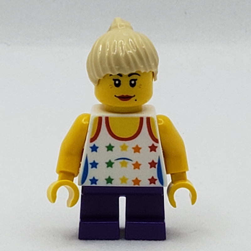 LEGO Girl, Tank Top with Rainbow Colored Stars, Short Dark Purple Legs, Tan Hair (fig-007728)