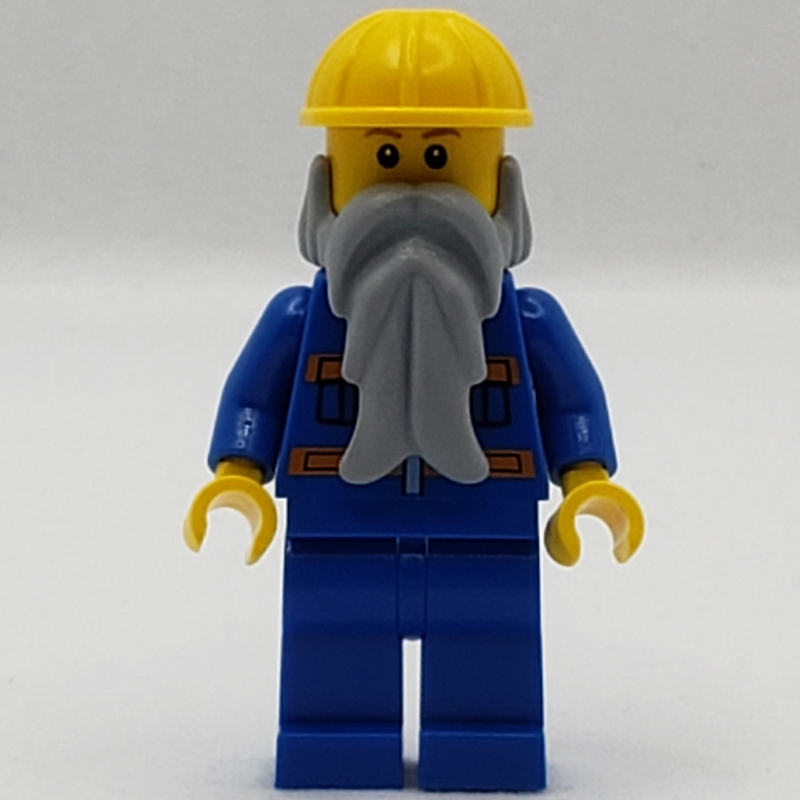 LEGO Man, Blue Jacket with Orange Stripes, Blue Legs, Yellow Hard Hat, Light Bluish Gray Beard, Reddish Brown Eyebrows (fig-007730)