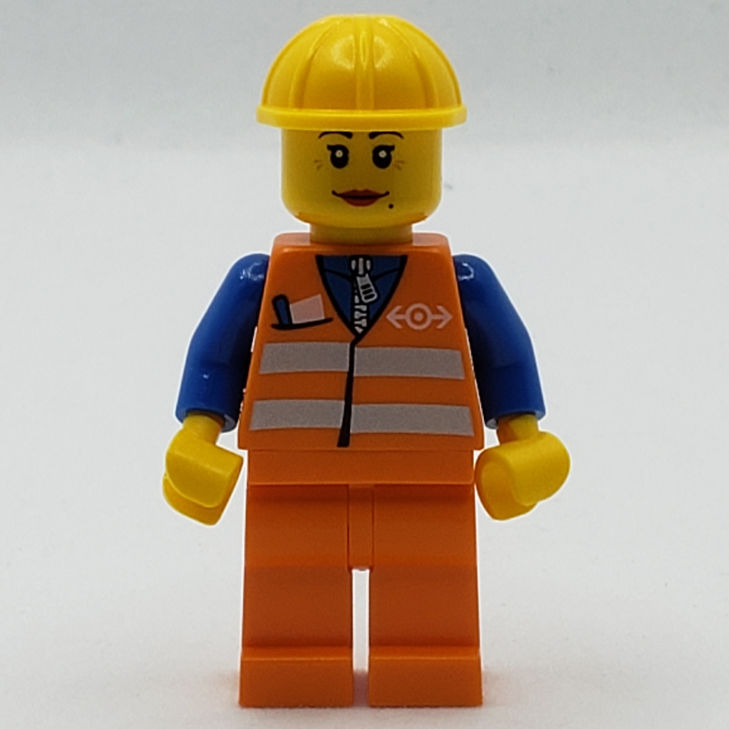 LEGO Train Worker, Woman, Orange Safety Vest with Train Logo, Orange Legs, Yellow Hard Hat (fig-007731)