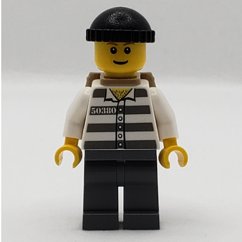 LEGO Criminal, Prison Shirt with #50380, Dark Bluish Gray Legs, Black Hat and Dark Tan Back Pack (3626bpr0387 Head) (fig-007732)