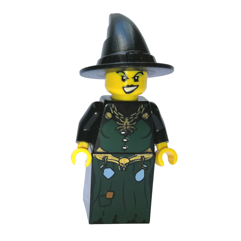 LEGO Witch, Dark Green Dress with Spider Necklace and Bottles, Black Hat (fig-007734)