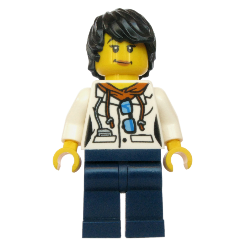 LEGO Scientist, Woman, White Jacket over Hoodie with Sunglasses, Dark Blue Legs, Black Hair (fig-007740)