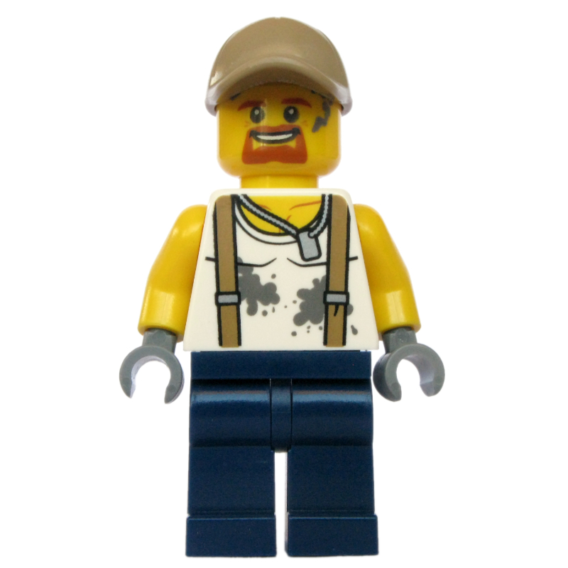 LEGO Mechanic, Dirty White Shirt with Suspenders, Dark Blue Legs, Dark Tan Cap, Goatee Beard (fig-007741)