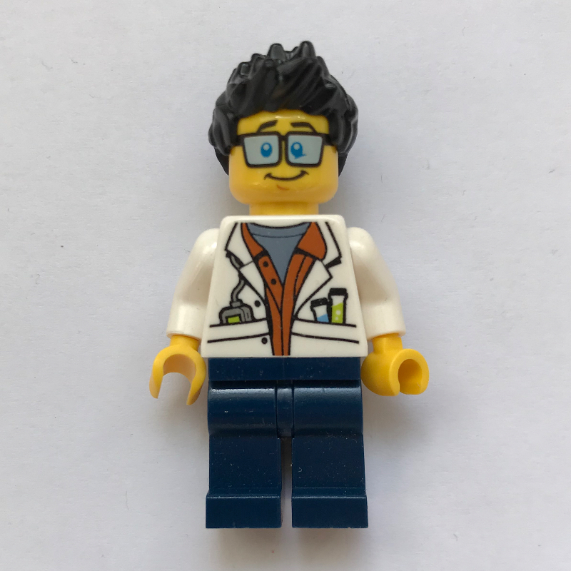 LEGO Scientist, Open White Jacket over Dark Orange Shirt, Dark Blue Legs, Glasses (fig-007747)