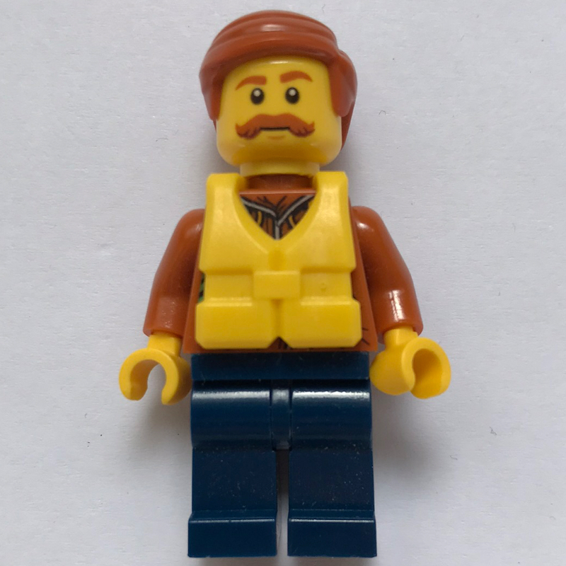 LEGO Explorer, Jacket with Pouches, Radio, and Rope, Dark Orange Hair, Yellow Life Vest, Moustache (fig-007749)