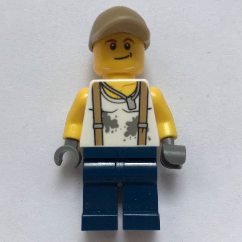 LEGO Mechanic, Dirty White Shirt with Suspenders, Dark Blue Legs, Dark Tan Cap (fig-007750)