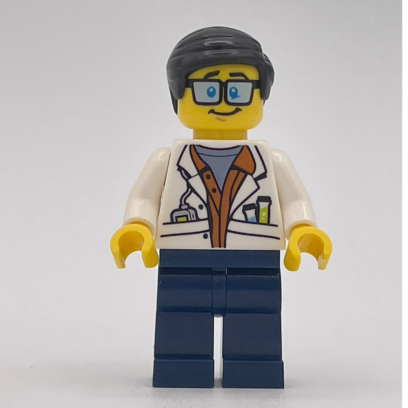 LEGO Scientist, Open White Jacket over Dark Orange Shirt, Dark Blue Legs, Neat Black Hair, Glasses (fig-007758)