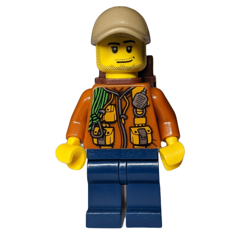 LEGO Explorer, Jacket with Pouches, Radio, and Rope, Dark Tan Cap, Backpack, Stubble (fig-007760)