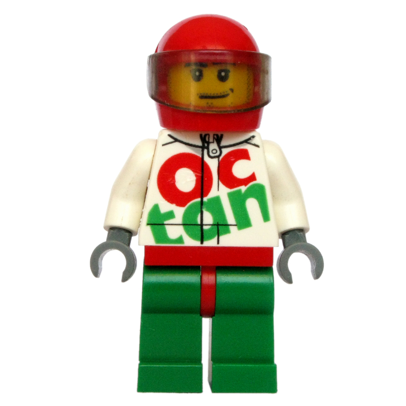 LEGO Racer, White and Green Jumpsuit with Large 'Octan', Red Helmet with Visor, Stubble (fig-007764)