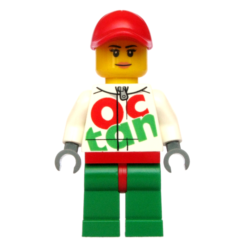 LEGO Racer, Woman, White and Green Jumpsuit with Large 'Octan', Red Cap (fig-007765)