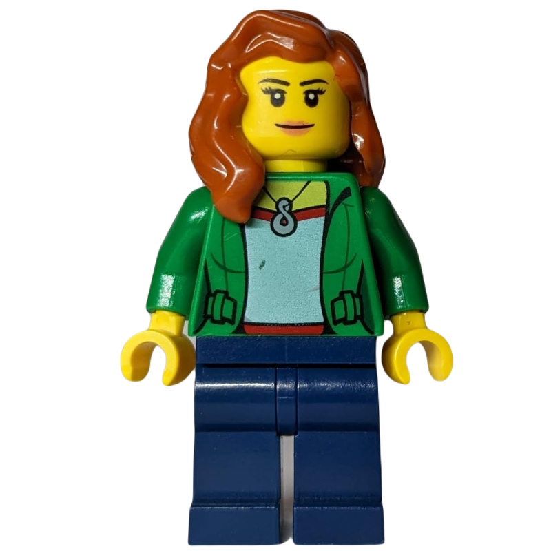 LEGO Woman, Open Green Jacket with Necklace, Dark Orange Hair (fig-007766)