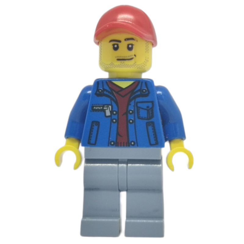 LEGO Man, Open Blue Jacket over Dark Red Shirt, Sand Blue Legs, Red Cap, Stubble (fig-007767)