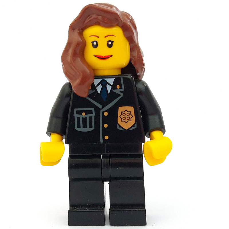 LEGO Policewoman, Black Jacket with Badge, Pocket, and Blue Tie, Reddish Brown Hair (fig-007768)