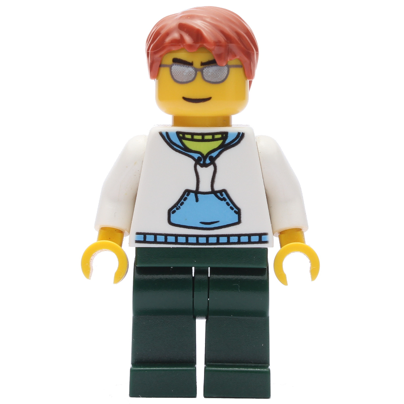 LEGO Man, White and Blue Hoodie, Dark Green Legs, Dark Orange Hair, Sunglasses (fig-007769)