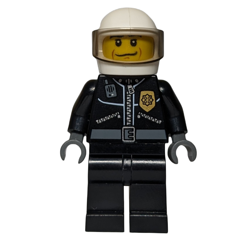 LEGO Policeman, Black Jacket with Zipper, Radio, and Badge, White Helmet and Visor (fig-007770)