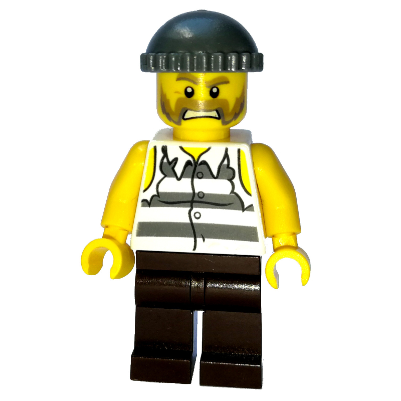 LEGO Criminal, Torn Prison Shirt, Dark Brown Legs, Dark Bluish Gray Hat (fig-007772)