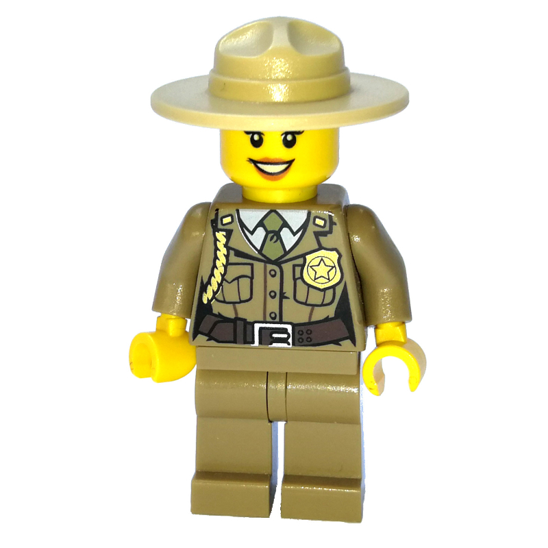 LEGO Forest Police / Ranger, Woman, Dark Tan Shirt with Olive Green Tie and Badge, Dark Tan Legs, Tan Campaign Hat (fig-007773)