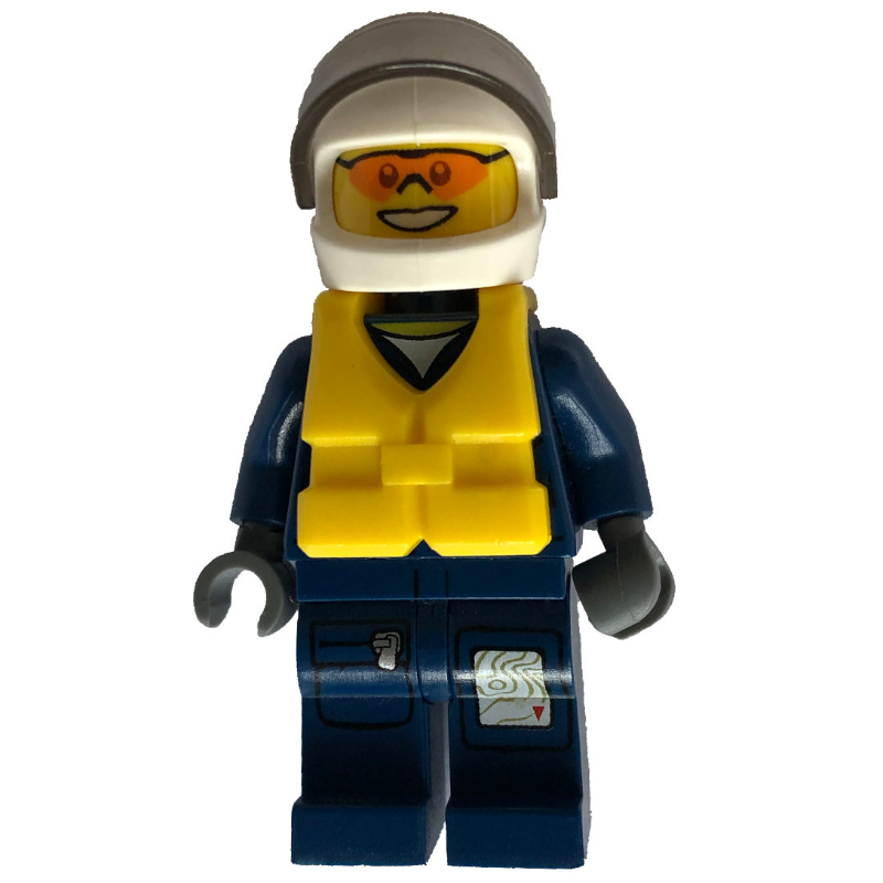 LEGO Policeman, Dark Blue Jacket with Pockets and Badge, White Helmet with Visor, Yellow Life Vest, Orange Sunglasses (fig-007774)