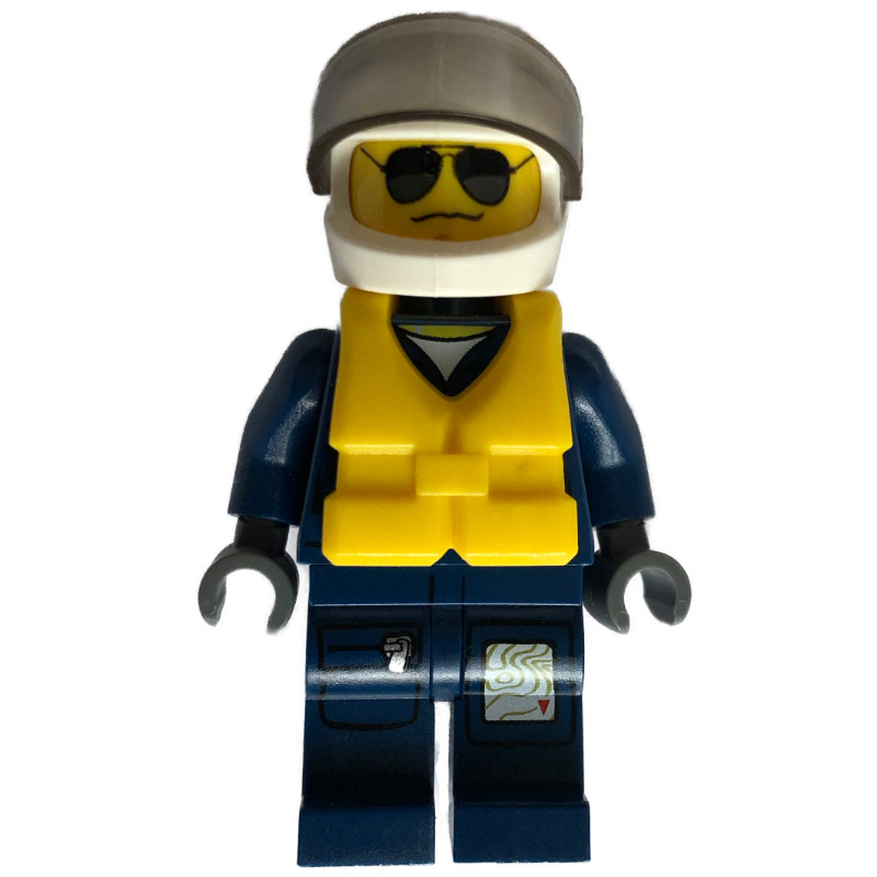 LEGO Policeman, Dark Blue Jacket with Pockets and Badge, White Helmet with Visor, Yellow Life Vest, Sunglasses and Wavy Mouth (fig-007775)