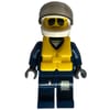 Policeman, Dark Blue Jacket with Pockets and Badge, White Helmet with Visor, Yellow Life Vest, Sunglasses and Wavy Mouth