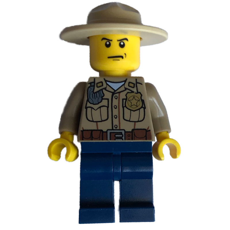 LEGO Forest Police / Ranger, Dark Tan Shirt with Radio and Badge, Dark Blue Legs, Tan Campaign Hat, Stern (fig-007776)