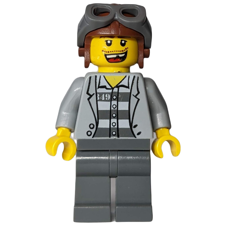 LEGO Criminal, Open Light Bluish Gray Jacket over Prison Shirt, Reddish Brown Hat with Goggles (fig-007777)