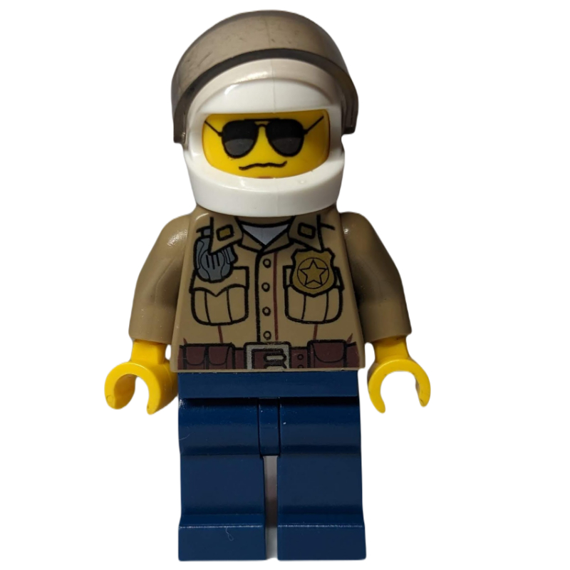 LEGO Forest Police / Ranger, Dark Tan Shirt with Radio and Badge, Dark Blue Legs, White Helmet with Visor, Sunglasses, 3626c Head (fig-007778)