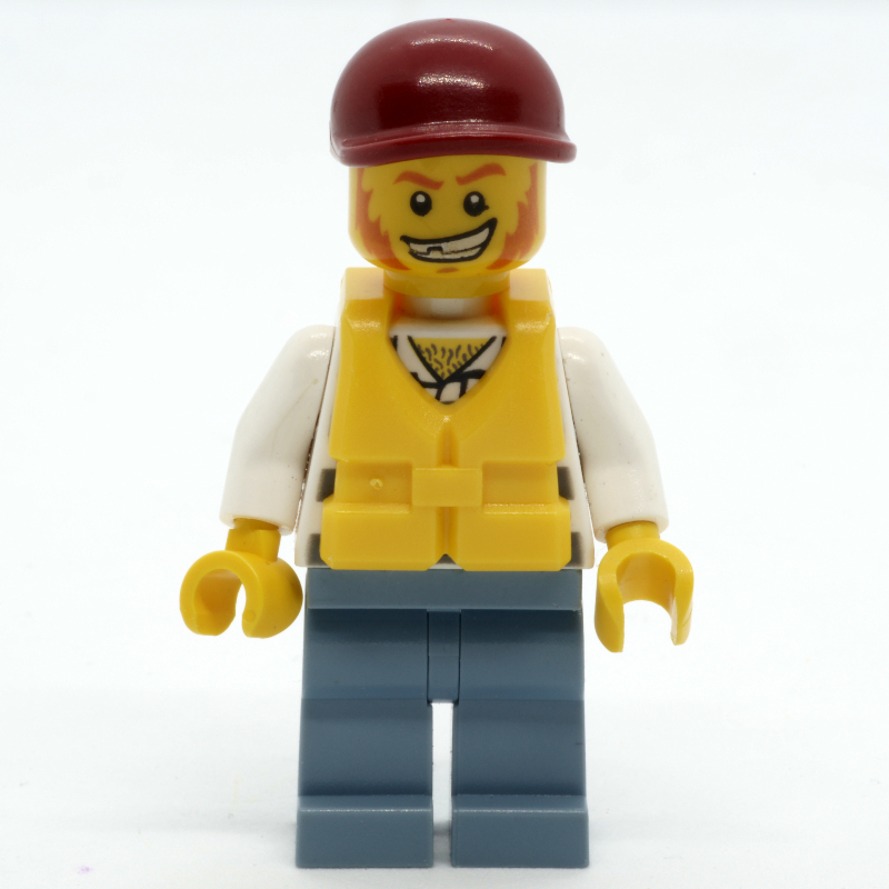 LEGO Criminal, Overalls over Prison Shirt, Dark Red Cap, Yellow Life Vest (fig-007779)