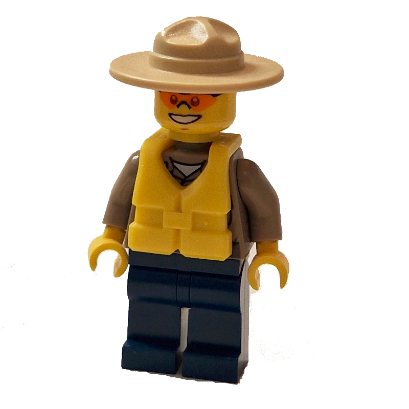 LEGO Forest Police / Ranger, Dark Tan Shirt with Radio and Badge, Dark Blue Legs, Tan Campaign Hat, Yellow Life Vest, Orange Sunglasses (fig-007780)