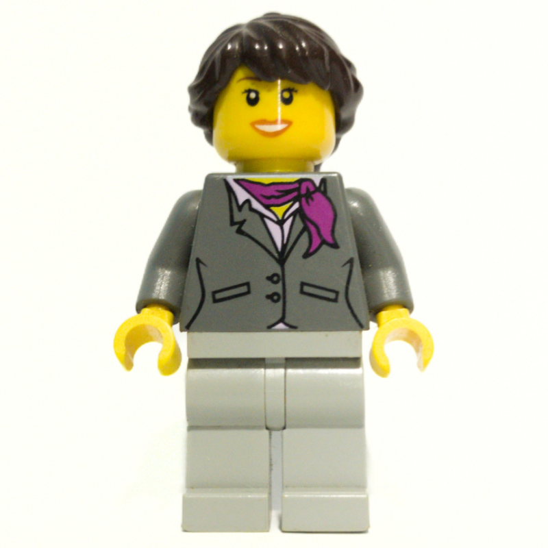 LEGO Woman, Dark Bluish Gray Jacket with Magenta Scarf, Light Bluish Gray Legs, Dark Brown Hair (fig-007781)