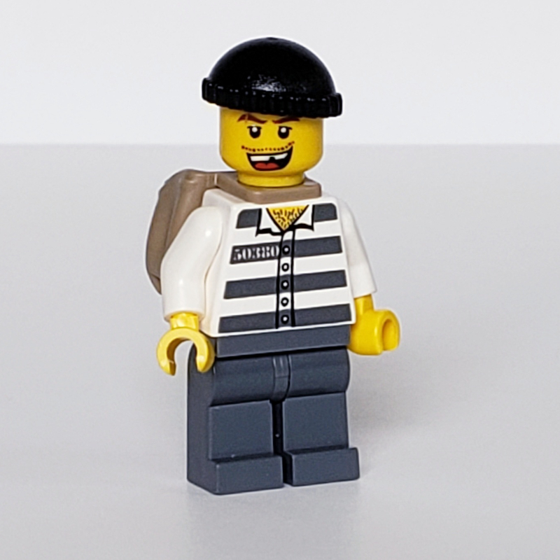 LEGO Criminal, Prison Shirt with #50380, Dark Bluish Gray Legs, Black Hat, Dark Tan Back Pack, Open Mouth (fig-007784)