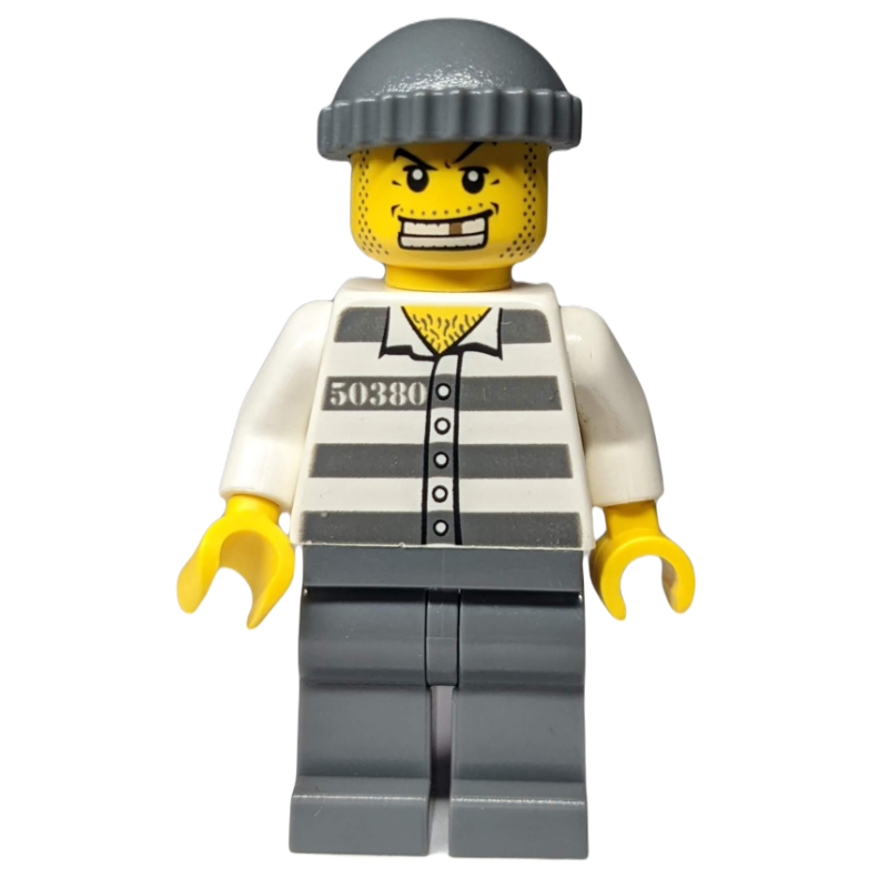 LEGO Criminal, Prison Shirt with #50380, Dark Bluish Gray Legs, Dark Bluish Gray Hat, Gold Tooth (fig-007785)