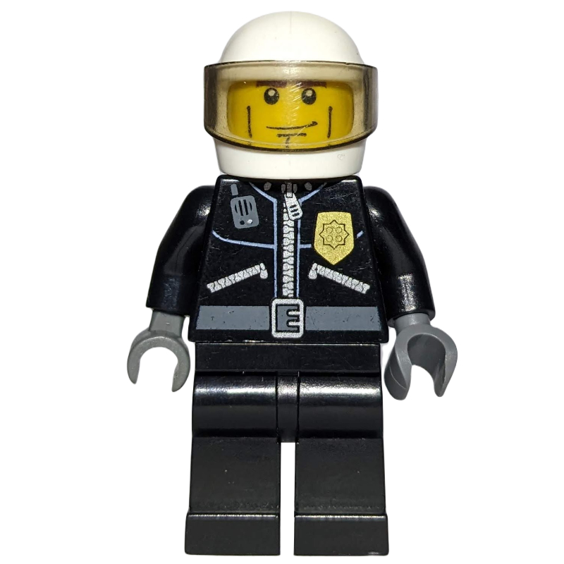 LEGO Policeman, Black Jacket with Zipper, Radio, Badge, and 'POLICE' on Back, White Helmet with Visor (fig-007786)
