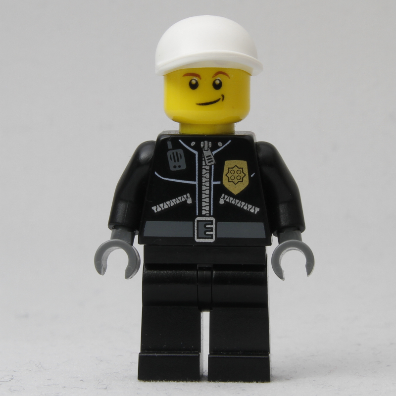 LEGO Policeman, Black Jacket with Zipper, Radio, Badge, and 'POLICE' on Back, White Cap (3626b Head) (fig-007787)