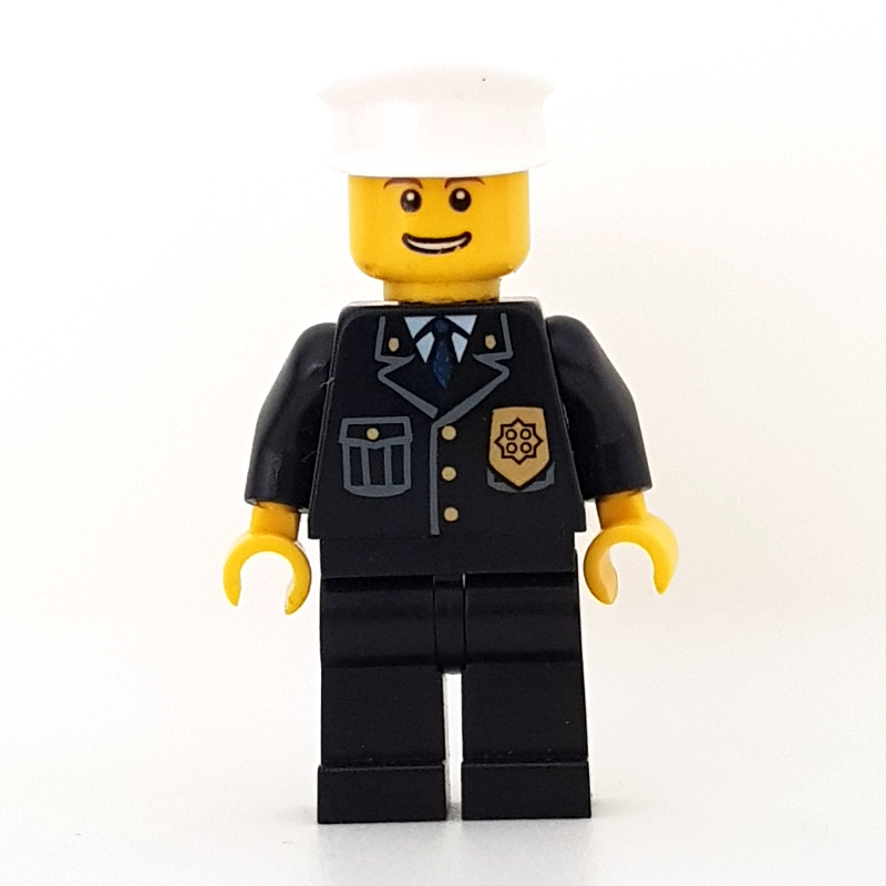 LEGO Policeman, Black Jacket with Pocket and Badge, White Hat, Open Mouth (fig-007788)